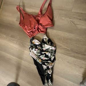 Everyday Sunday Monokini 1X Floral Black & Rust Two-Piece Swim Set